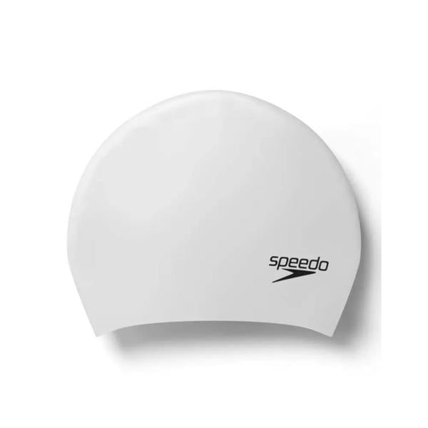 White Speedo long hair silicone swim cap with black logo and speed lines
