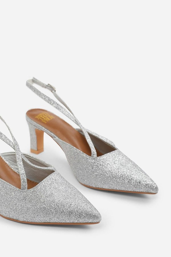 Where's That From Serna Wide Fit Pointed Toe Low Block Heel With Cross Over Ankle Strap in Silver Fine Glitter