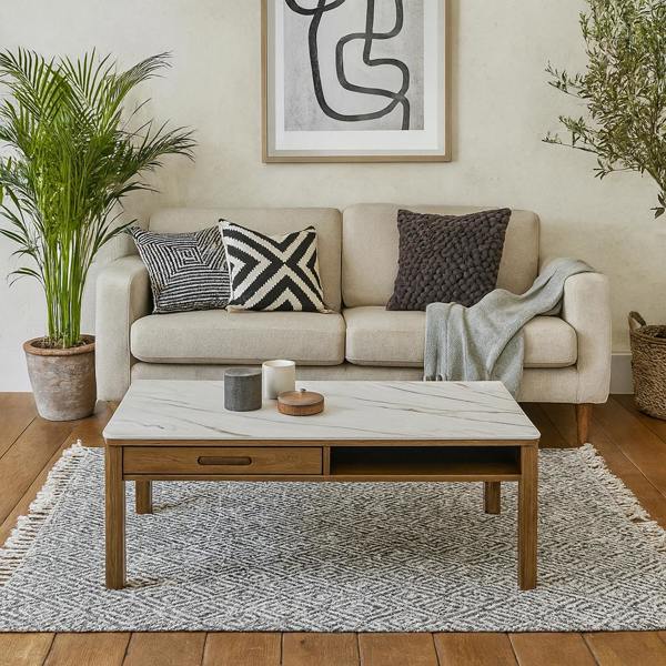 Wyld Haus Cork Rectangular Cream Ceramic Coffee Table with Oak Veneer Base
