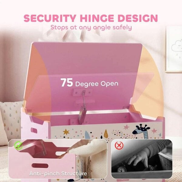 Storage Chest, Wooden Toy Chest with Lid, Flip-Top, Security Hinges and Anti-Pinch Design for Kids, Pink