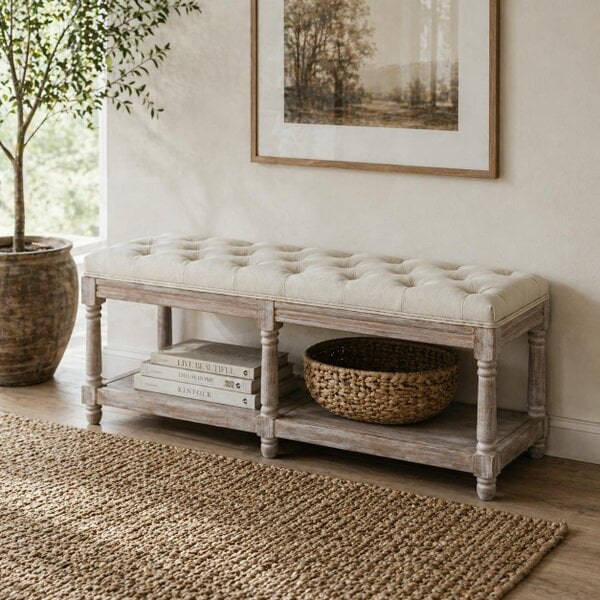 Wyld Haus Lono Cream 2 Tier Vintage Style Bed End Bench With Storage Shelf Tufted Diamond