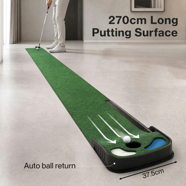 Centra Golf Putting Mat Training Aid Auto Ball Return 270cm Indoor Outdoor Green