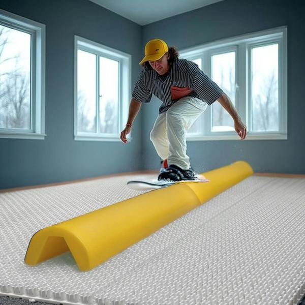 Person on a yellow ski balance bar placed on a white ski training mat in a room with large windows