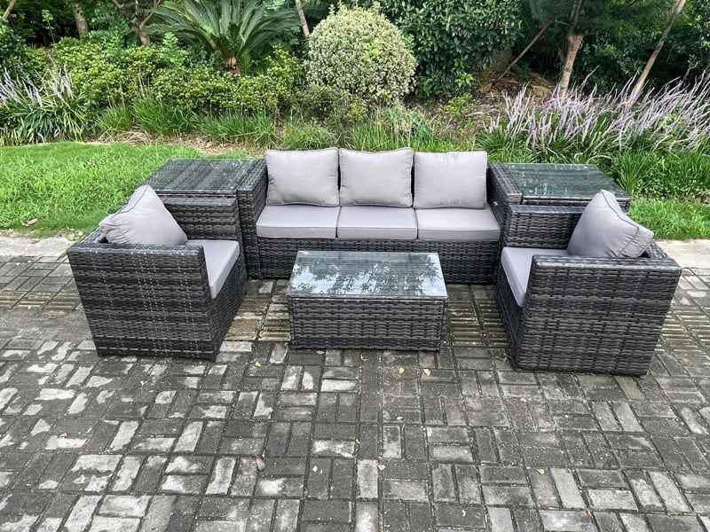 Fimous Rattan Garden Furniture Set with 3 Seater Sofa Coffee Table 2 Side Tables 2 Armchairs Indoor Outdoor Patio Lounge Sofa Set Dark Grey Mixed