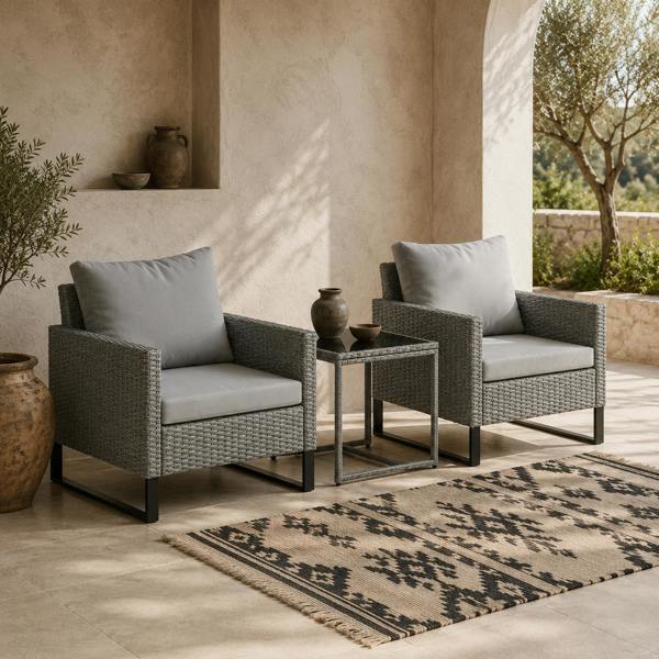 Wyld Haus Dobaso Rattan Grey 3 Piece Bistro Set with Glass Coffee Table