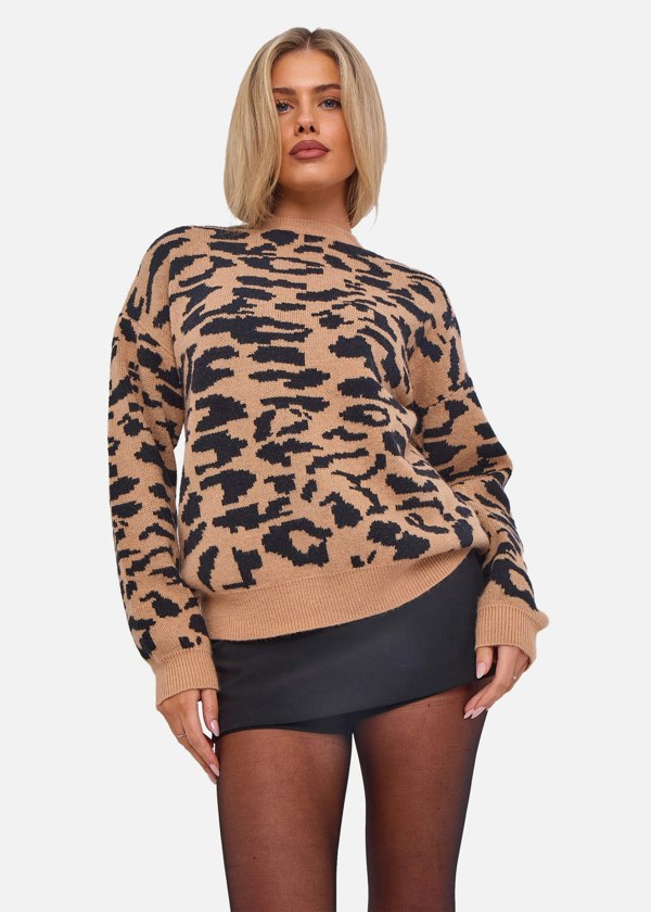 Gini London Camel Animal Print Crew Neck Knit Jumper