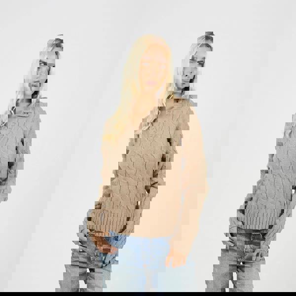 Brave Soul Beige Collared Cable Knit Jumper - Beige Image 1