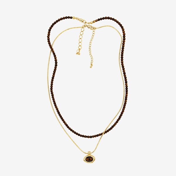 Uchi & Soto Nekomeishi Tiger's Eye Beads and Gold chain Pendant