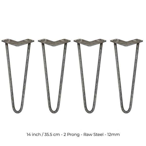 SkiSki 4 x 14" Hairpin Legs - 2 Prong - 12mm - Raw Steel