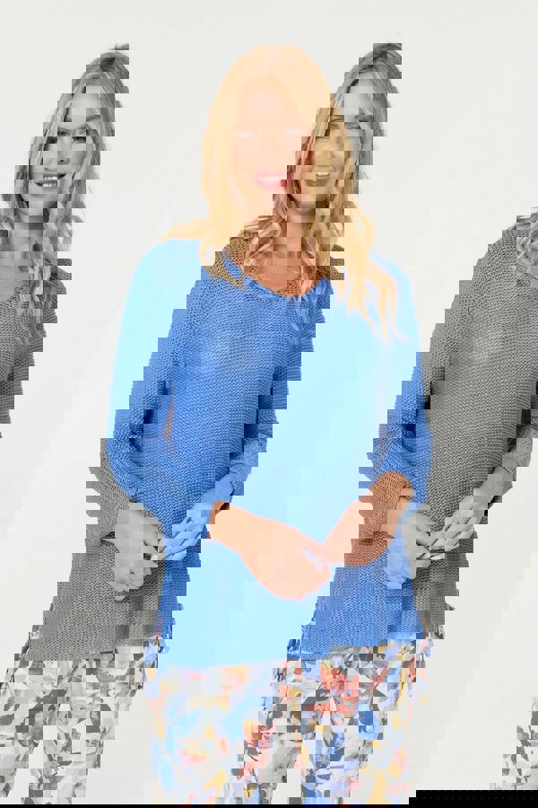 Blue | Mesh Texture 3/4 Sleeve Relaxed Top
