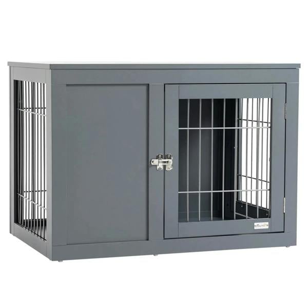 Grey dog crate end table with two cabinet doors and front wire-bar window