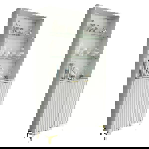 Mex Furniture White Display Cabinet with Gold Legs – Modern Fluted Tall Unit 170cm