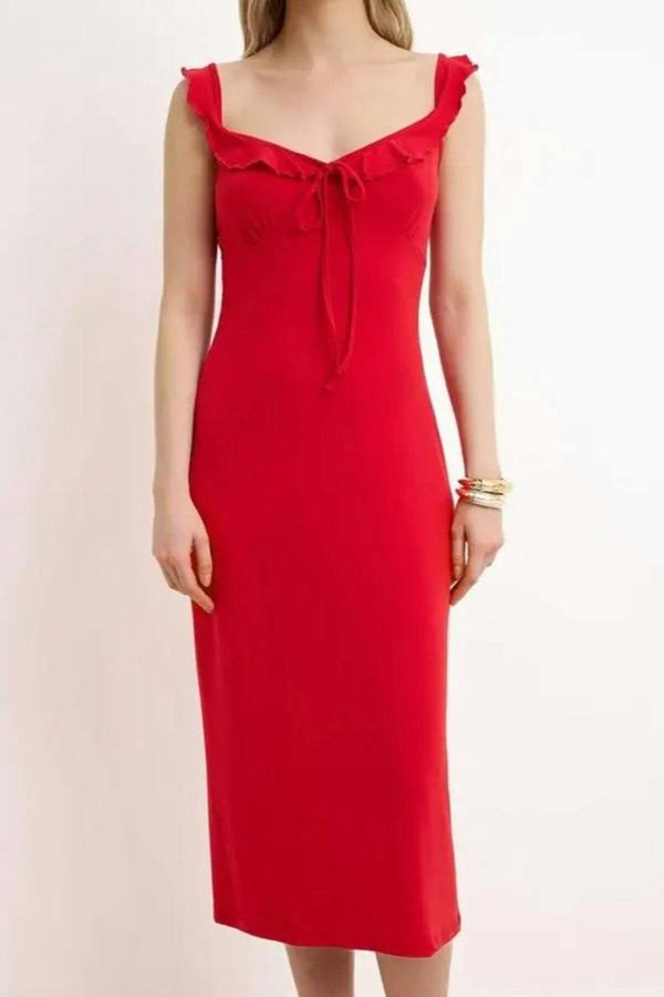 WOVCOR Bodycon V-Neck Thick Strap Sleeveless Maxi Stretch Knit Dress