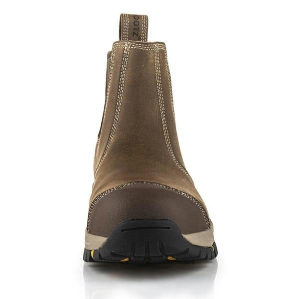 Buckbootz WIZD2 Mens Pull On S7S Dealer Chelsea Safety Ankle Boots, front view of brown slip-on ankle boots with sturdy rubber sole and reinforced toe for safety and durability.