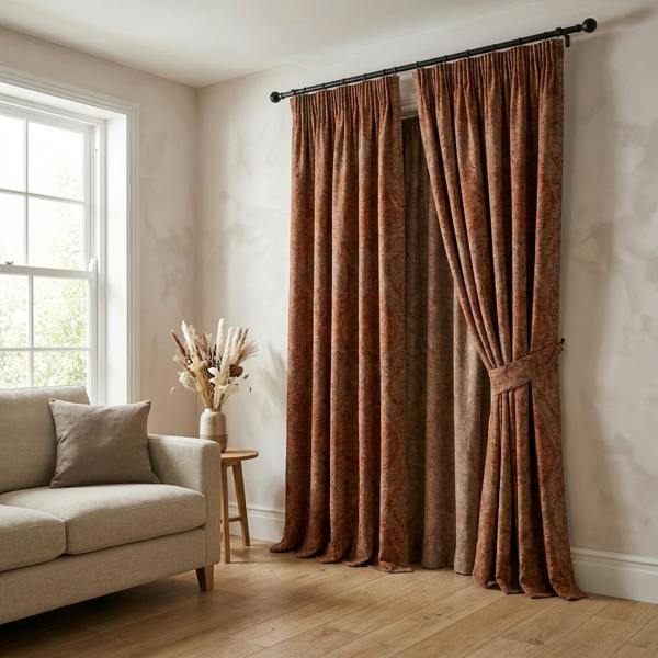 Marseille made-to-measure curtains in Fireside, styled in a living room