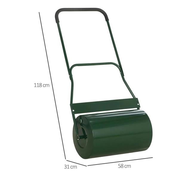Green metal push lawn roller with roller drum and U-shaped handle, size outlined