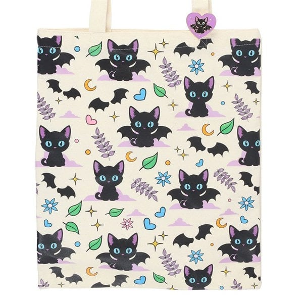Serano Cute and Creepy Cat Print Polycotton Tote Bag with Enamel Pin