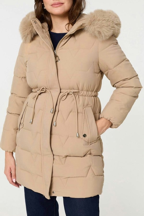 Beige | Faux Fur Hooded Tie Waist Puffer Jacket