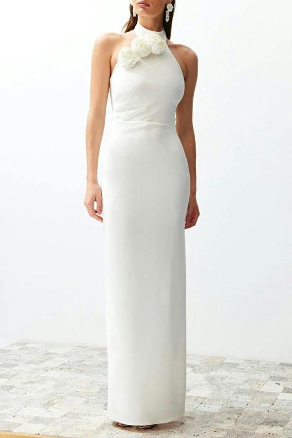 WOVCOR Woven Maxi Elegant Evening Dress with Rose Detail