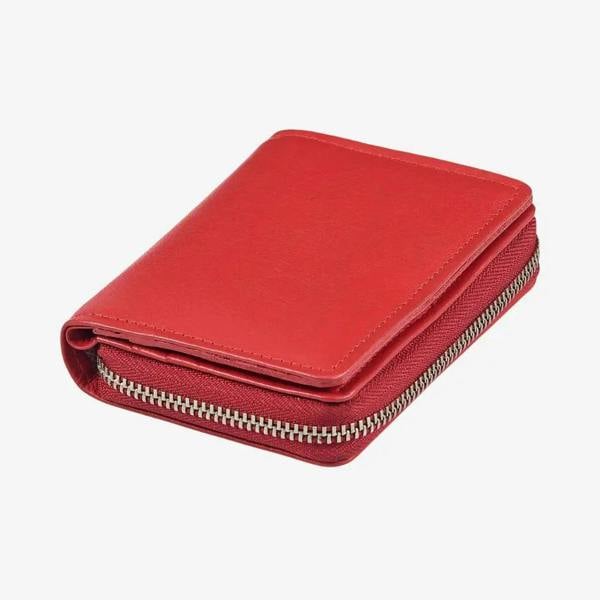 Compact red real leather RFID card holder