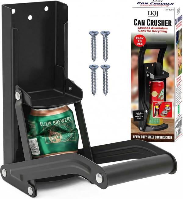 LKH HOME COLLECTION Can Crusher & Bottle Opener - Soda Beer Can Crushers for Recycling, Wall Mounted with Soft Grip Handle, Built-in Tin Opener