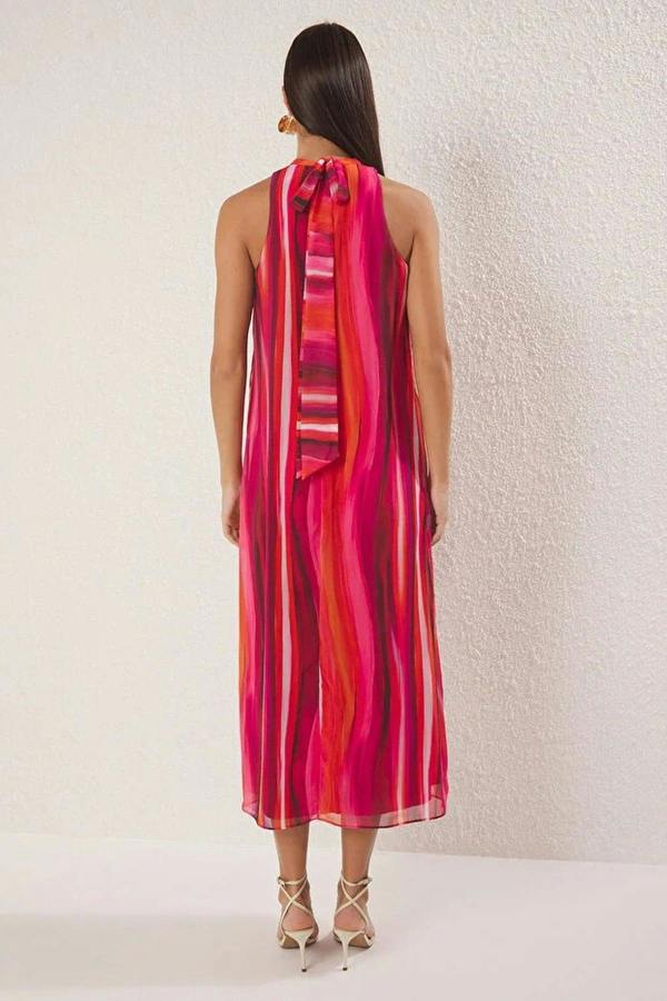 WOVCOR Abstract Patterned Straight Cut Maxi Woven Dress with Tie Detail