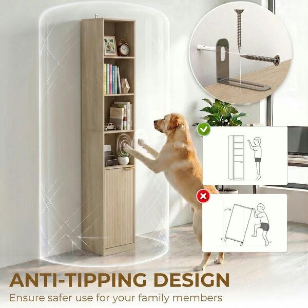 Bookcase Adjustable Shelf Bookshelf Anti-Tip Hardware 6-Tier Storage Cabinet Oak Wood Effect