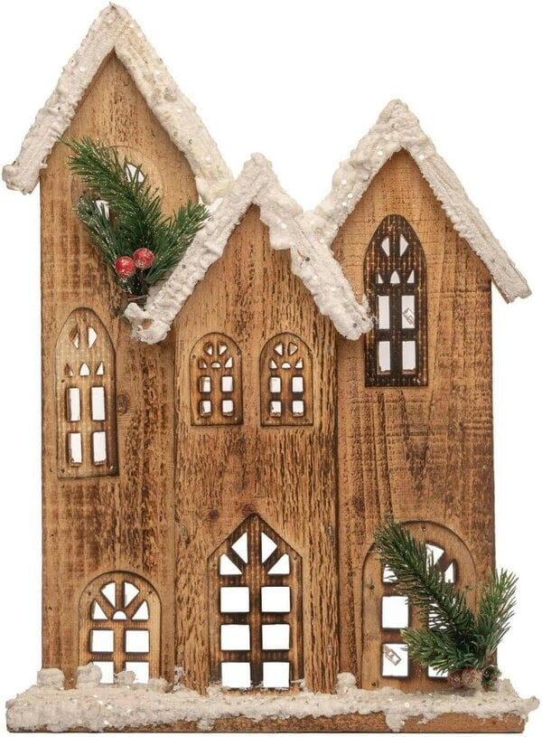 Shatchi 35cm Wooden Snow-Covered Cottage House with Warm White LED Lights for Indoor Christmas Display