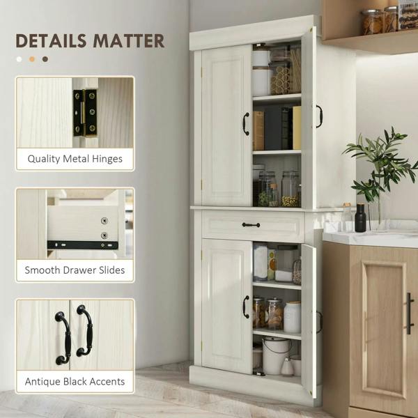 White cupboard with open doors showing shelves and drawer with black handle accents