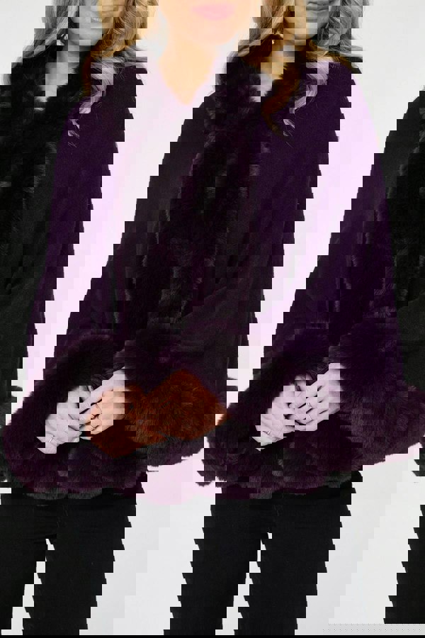 Purple | Faux Fur Trim Batwing Poncho

