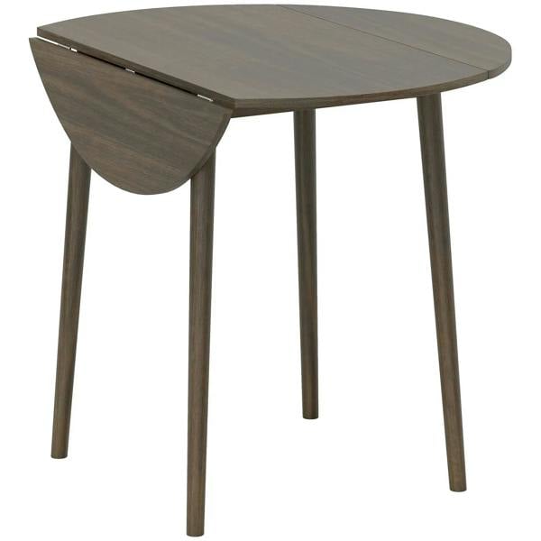 Grey round drop-leaf folding dining table with wood legs, leaf partially folded