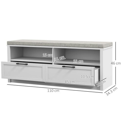 Wyld Haus Noma Wooden White Shoe Bench With Grey Cushion2 Shelves 2 Drawers