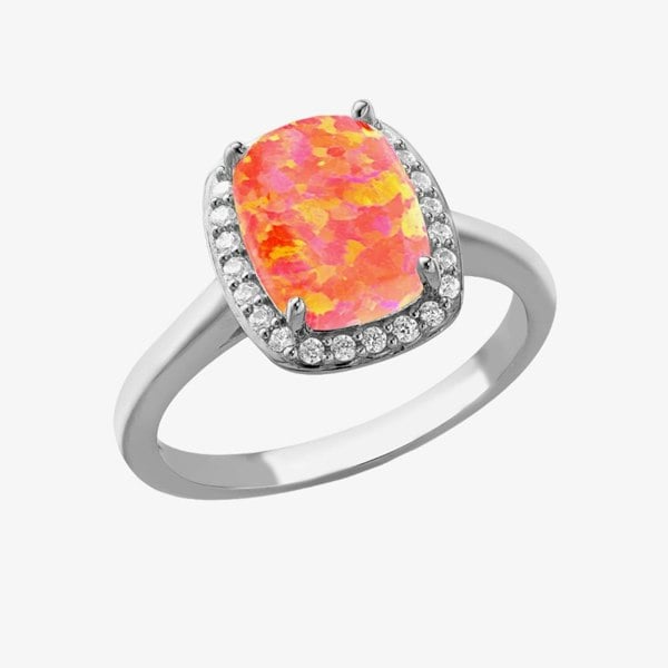 T. H. Baker Silver Synthetic Orange Opal & Cubic Zirconia Halo Ring 8.86.0459