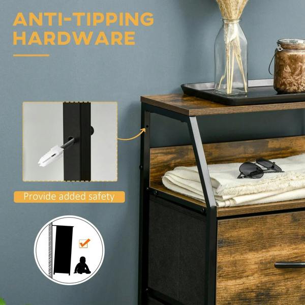 Rustic brown cabinet with anti-tipping hardware on black side frame