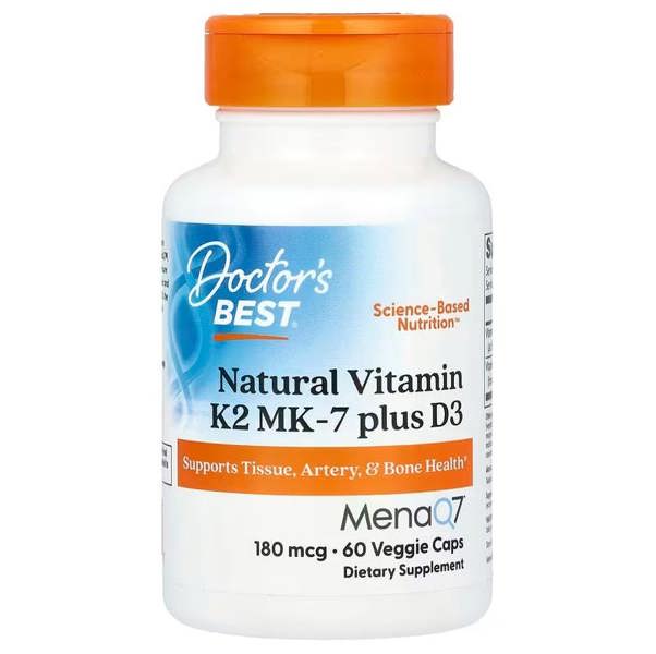 Doctor's Best Natural Vitamin K2 MK7 with MenaQ7 plus D3, 180mcg - 60 vcaps