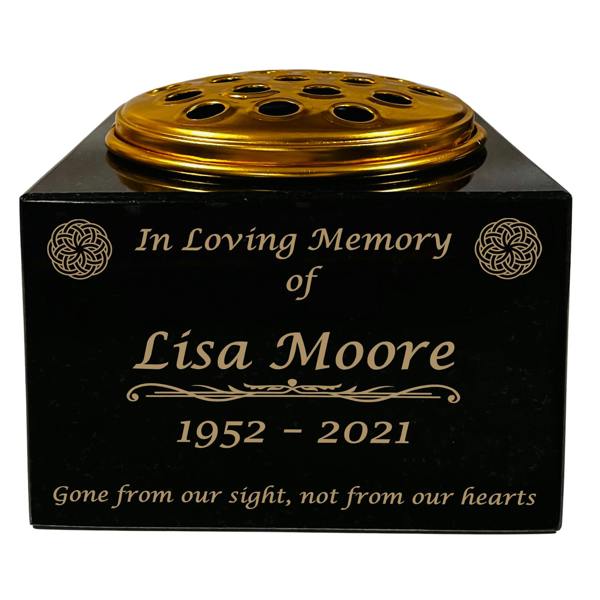 Memorials Direct Granite Memorial Vase with Celtic Knot Design 2, Free Personalised Gold Engraving, Solid Granite 6 x 6 x 4 Inches