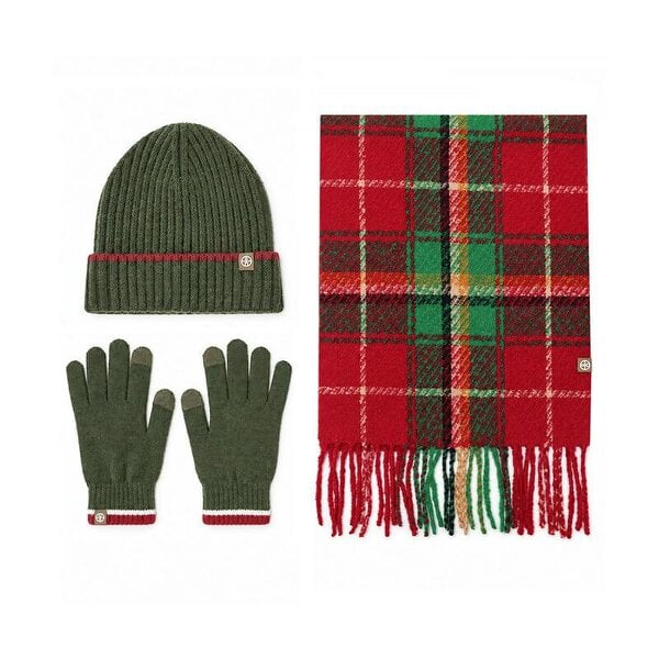 Obasyhig Christmas Check Knitted Hat Scarf and Gloves 3 Piece Set - Green