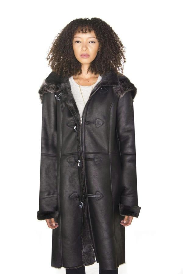 Infinity Leather Womens Black Sheepskin Hooded Duffle Coat-Ottawa