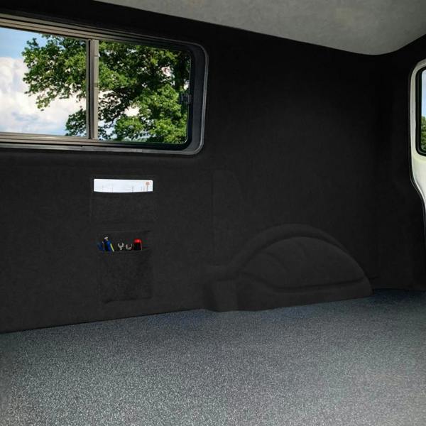 Black storage pouches displayed in a vehicle interior, featuring multiple pockets for organizing tools and accessories