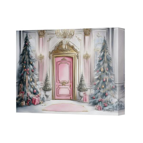 Benjamin Tate Design Pink Door Christmas Scene Canvas Wall Art Decor With Gold Accents