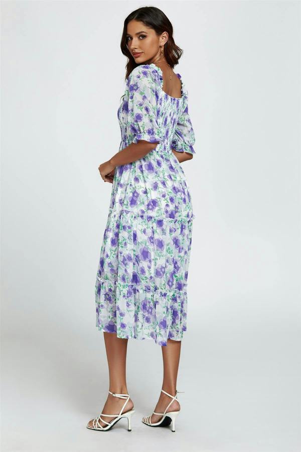 FS Collection Floral Print Bardot Puff Sleeve Elasticated Detail Midi Dress In White