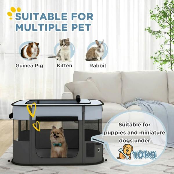 Grey foldable dog playpen with mesh panels and foldable top, designed for small pets