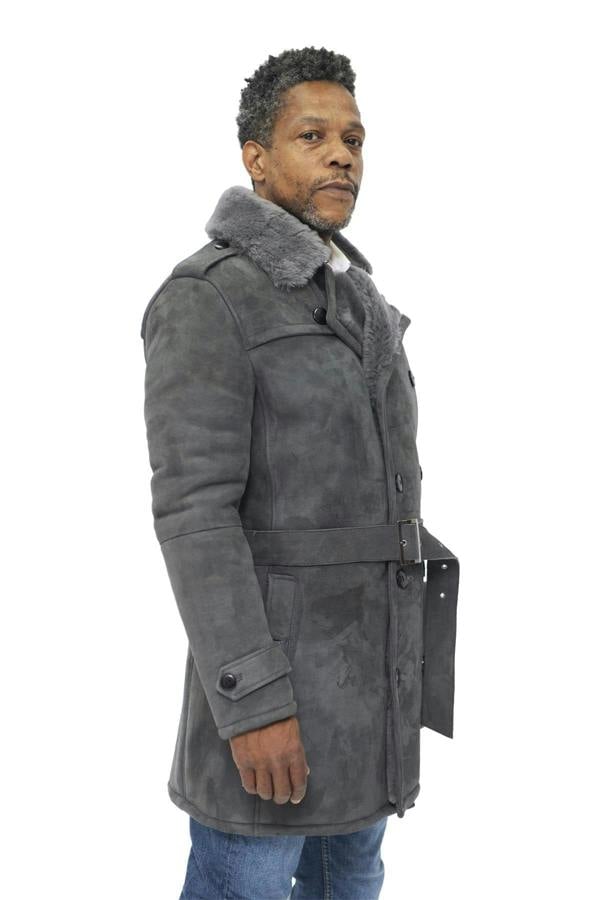 Infinity Leather Mens Shearling Sheepskin Suede Pea Coat-Cali