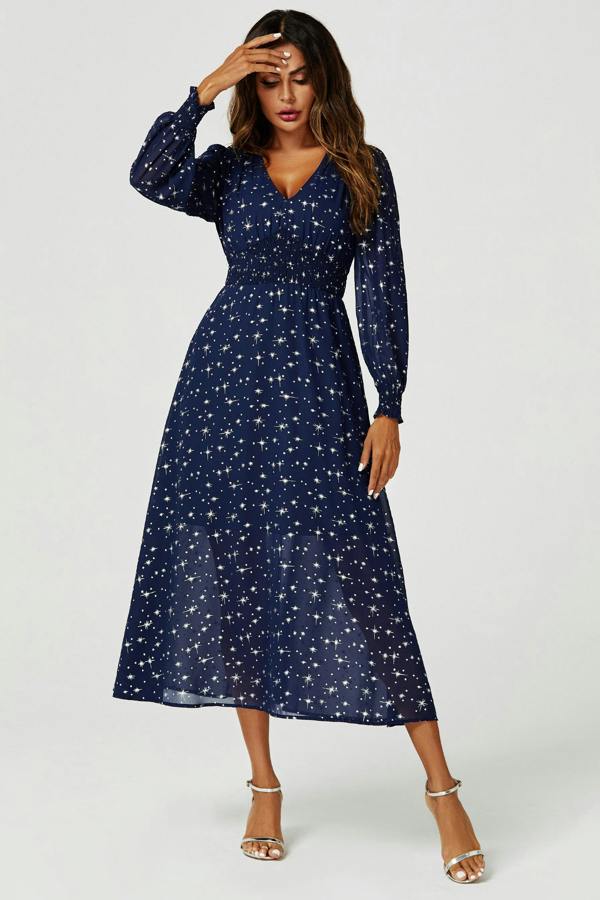 FS Collection Silver Star Foil Long Sleeve Maxi Dress In Navy