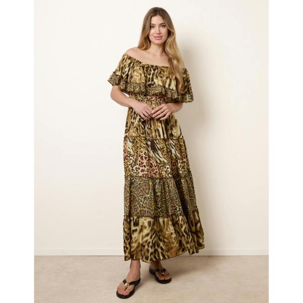 Blue Vanilla Animal Print Off The Shoulder Maxi Tiered Dress
