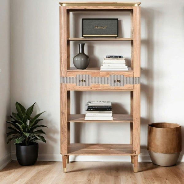 IH Design Alaina Acacia Wood 2 Drawers Open Bookcase