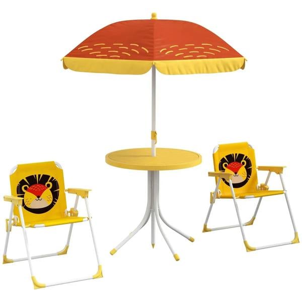 Lion-themed kids patio set with yellow table, umbrella, and two foldable chairs