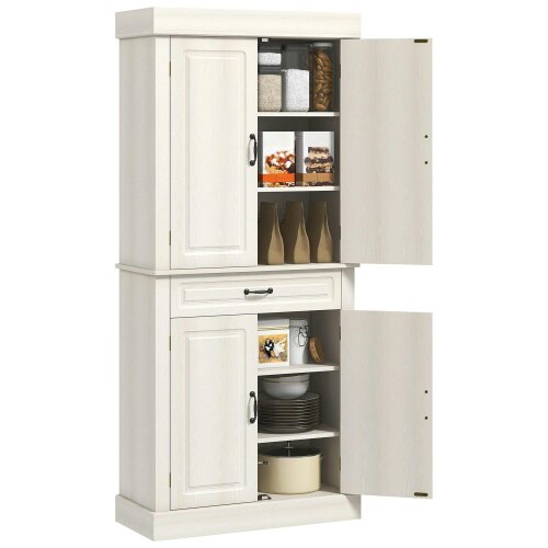 Wyld Haus Tokeri Wooden Cream White Tall Kitchen Pantry Cabinet 4 Doors And Storage Shelves