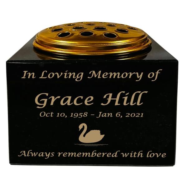 Memorials Direct Granite Memorial Vase with Swan Design 2, Free Personalised Gold Engraving, Solid Granite 6 x 6 x 4 Inches