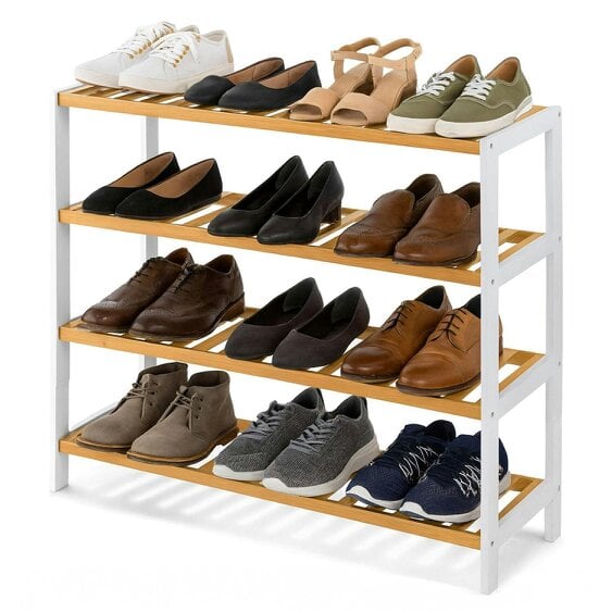 Neo White/Wood 4-Tier Bamboo Shoe Rack Wooden Shoe Storage Organiser Shelf for Hallway, Entrance Living Room